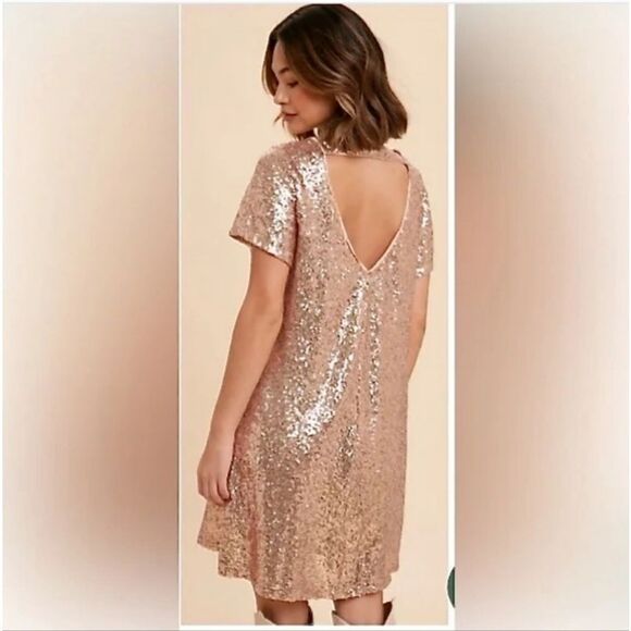 In Loom Baltic Born Rose Gold Sequin Shift Mini Dress Size L New - Picture 2 of 10